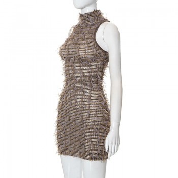 Mesh Tassel Matching Color Mini Dress Women Turtleneck Sleeveless Body-shaping Casual Streetwear Brown